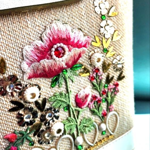 Vtg 60s EC Style Antique DIY Box Purse Bucket Embroidery Flowers Glitzy Handbag - Picture 11 of 16